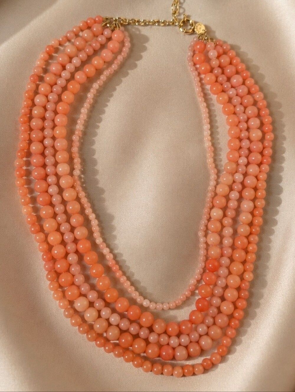 Talbots Coral Pink Glass Bead Statement Necklace Multi Strand Coastal Nautical